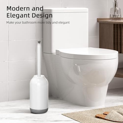 HAMITOR Toilet Bowl Brush Holder Set: Bathroom Deep Cleaning Toilet Cleaner Scrubber Under Rim with Curved Bristle for Dead Corner Clean - Hidden Rv Toilet Decorative Accessories with Caddy- White 6
