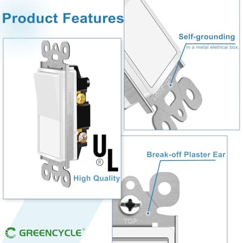 Greencycle Single Pole Rocker Light Switch,Paddle Light Switch 15 Amp,Sp Switches White,120V-277V AC,On/Off Wall Switches, Residential/Commercial Grade,Home & Office,UL/CUL,2PK 6