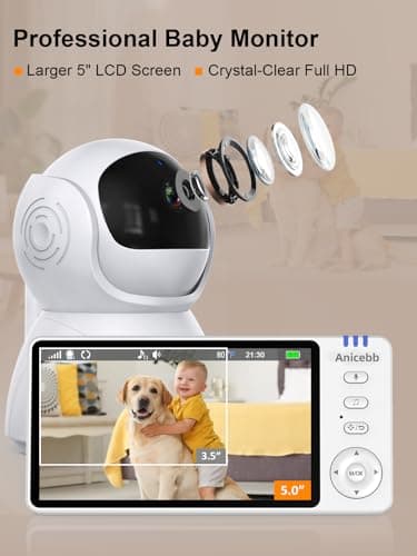 Anicebb 5" HD Video Baby Monitor with Camera and Audio, No WiFi Hack-Proof Security, Remote Pan-Tilt-Zoom, 100-Hour Battery Life in VOX Mode, 1000ft Range, Night Vision, Temperature & Cry Alerts 5