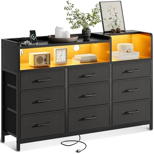 Casaottima Dresser for Bedroom with LED Lights, 9 Drawer Bedroom Dresser with Charging Station, Fabric Dressers & Chest of Drawers with Shelves for Closet, Sturdy Steel Frame Wooden Top, Black
