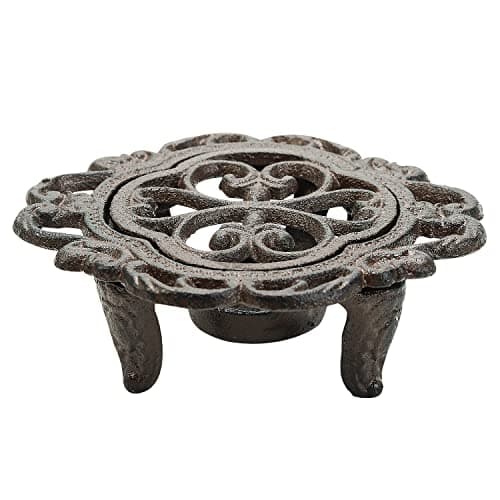 Sungmor Cast Iron Teapot Warmer Dish Cups Heater Pot Trivet - Rustic & Graceful Pattern Design with Tealight Holder - Heavy Duty & Decorative Candle Holder Stands for Heat Food Coffee Milk or Tea 7
