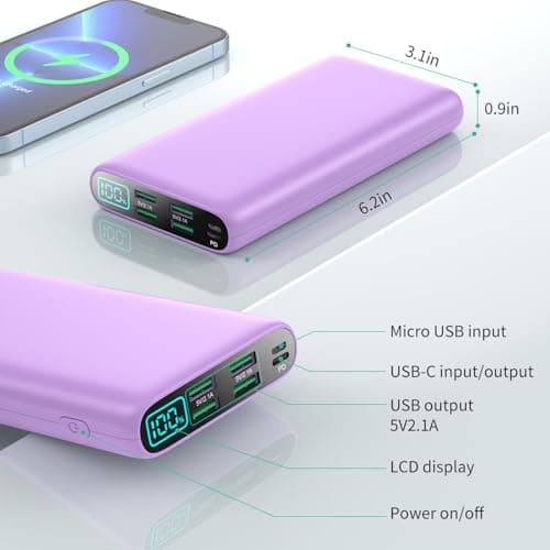 Portable Charger 38800mAh,LCD Display Power Bank,5 USB Outputs Battery Pack Backup, USB-C 3A in&out Travel Essential Portable Phone Charger For iPhone 17/16/15/14/13 Pro,Android Samsung Galaxy-Purple 5