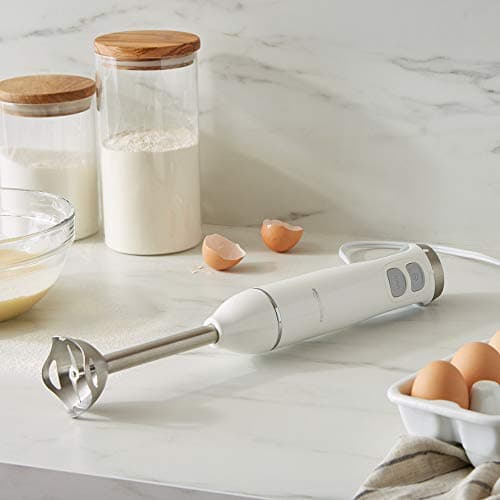 Amazon Basics 300W 4-In-1 Immersion Hand Blender for Soup, Handheld with Blending Stick, Whisk, Chopper and Beaker, Variable Speed Control and Turbo Mode, Powerful Motor, 5-ft Power Cord, White 6
