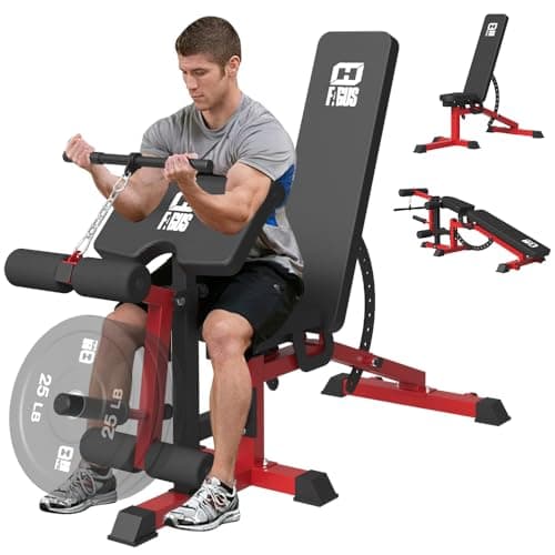 FAGUS H Adjustable Weight Bench, Heavy Duty Workout Bench Press with Leg Extension and Preacher Curl Pad for Home Gym Fitness, Flat Incline Decline Sit Up Bench, Red