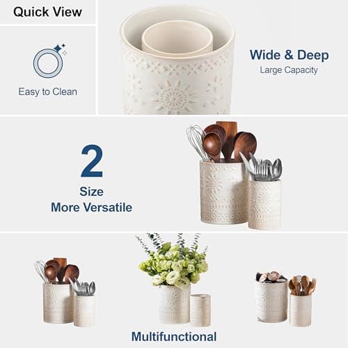 LOVECASA Utensil Holder, 7.2"+5.4" Ceramic Utensil Holder for Countertop, Large Cooking Utensil Crocks for Kitchen Counter, Farmhouse Utensil Vase for Housewarming, Kitchen Decor, Set of 2, Oasis 9