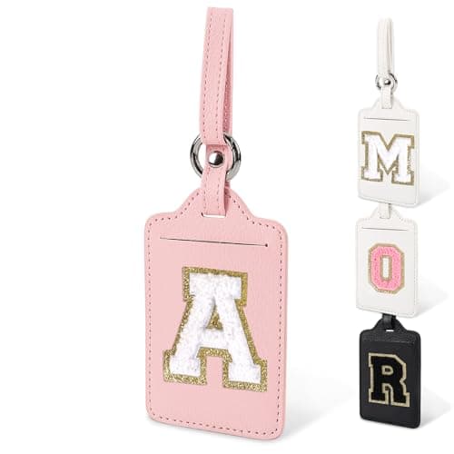 Initial Luggage Tags for Suitcases, Cute Letter Luggage Bag Suitcase Identifier Name Baggage Tag, PU Leather Travel Luggage Tags, Bag Tags for Men Women Kids Luggage Handbags Schoolbags(Pink-White A)