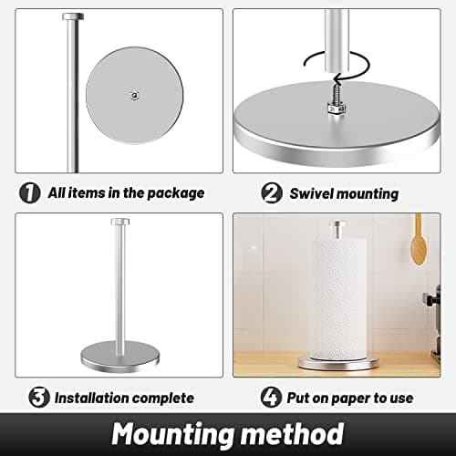 VEHHE Paper Towel Holder Countertop, Stainless Steel Paper Towel Holder Stand with Weighted Base Suction Cups, Standing Paper Towel Roll Holder for Kitchen Bathroom (Silver) 5