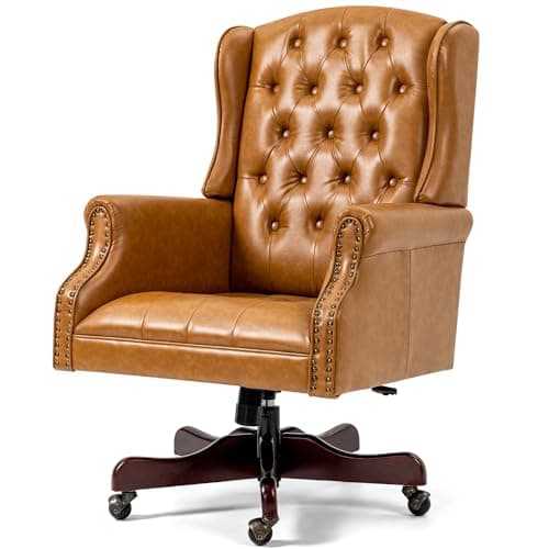 ECOTOUGE Tufted Office Chair, Faux Leather Executive Desk Chair w/High Back & Nail Head Trim, Ergonomic Wingback PC Chair for Home, Office and Living Room, Brown 8