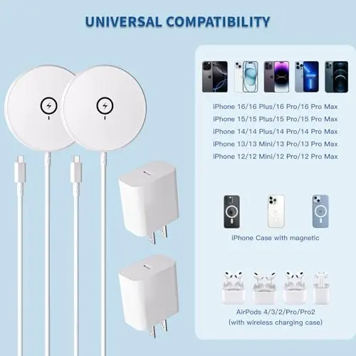 【Apple MFi Certified】Magnetic Wireless Charger 10FT Apple Magsafe Charger,2Pack Fast Mag-Safe Charging Wireless iPhone Charge Pad 10Foot USB C Block Adapter for iPhone 17 16 15 14 13 12 Series,AirPods 6