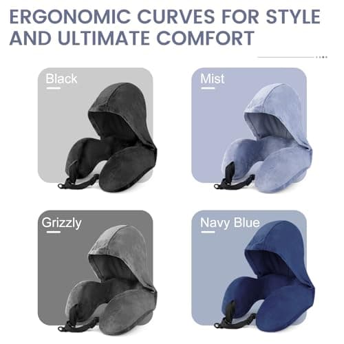 Flywish Travel Neck Pillow with Hood - Adult Travel Must Haves Airplane Hoodie Pillow, Premium Quality Memory Foam, Fit for Office, Car Ride, Sleeping. Kit with Earplugs, Luxury Bag(Mist, L) 7