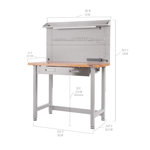 Seville Classics LED Lighted Pegboard Workcenter with 23 Peg Hook Assortment and Drawer Table, 48", Granite Gray 5