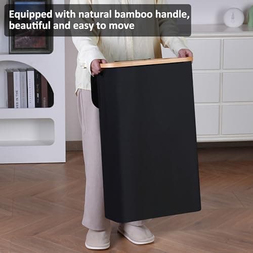 Merkisa 60L Slim Laundry Hamper,Laundry Basket with Lid,Tall Hamper for Laundry,Dirty Cloth Hamper with Bamboo Handle for Toys,Towels, Clothes Organizing,Black 6