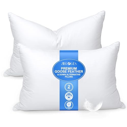 zibroges Goose Feather Bed Pillow Queen Size Set of 2 - Hotel Down Pillows for Sleeping, Soft 600 Thread Count Cotton Cover, Fluffy Support Surround Fill Polyester for Back, Stomach, Side Sleepers