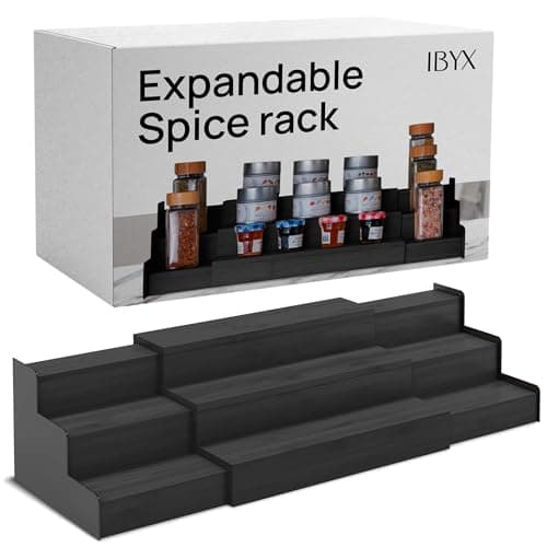 Ibyx Premium 3-Tier Spice Rack Organizer for Cabinet - Expandable Bamboo Spice Storage - Non-Skid Countertop Step Spice Shelf - Great for Kitchen Cabinet, Countertop, Cupboard, Pantry (Black)