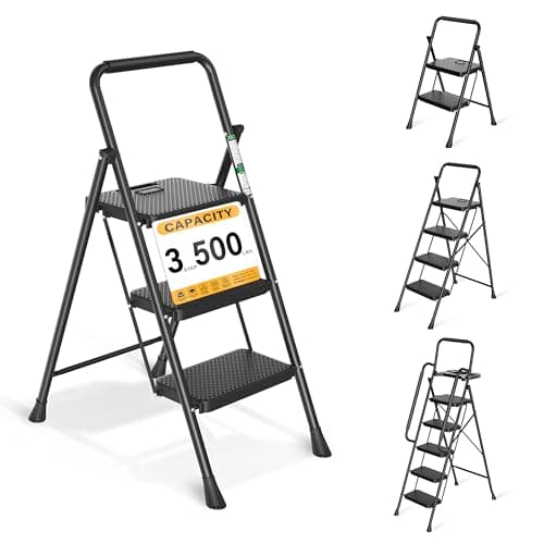 Step Ladder, Folding Step Stool with Wide Anti-Slip Pedals, Sturdy Steel Ladder with Handrail, Space-Saving, Portable for Home & Adults, 3 Step Ladder