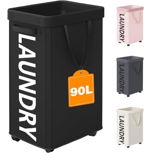 Optish Laundry Basket with Wheels, 90L Rolling Laundry Hamper with Wheels, Large Clothes Hamper on Wheel with Removable Mesh Bag for Bedroom, Dorm Room Essentials, Black