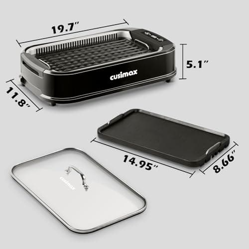 Indoor Grill, CUSIMAX Smokeless Grill Indoor, 1500W Electric Grill Griddle Korean BBQ with LED Smart Display & Tempered Glass Lid, Non-stick Removable Grill Plate & Griddle Plate, Black 6