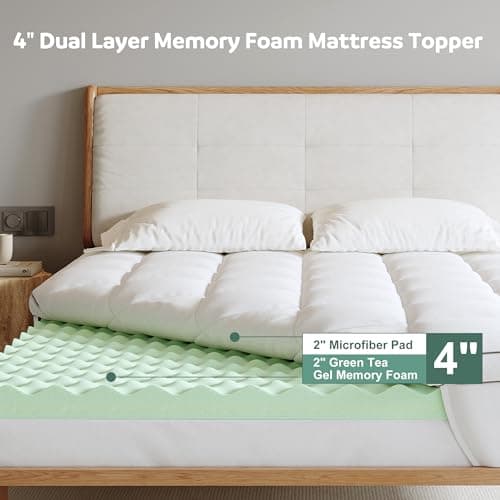 Lazyzizi Memory Foam Mattress Topper Twin, 4inch Dual Layer Cooling 2''Gel Green Tea Memory Foam & 2" PillowTop Mattress Pad, 8-21inch Deep Pocket, Egg Crate for Back Pain Relief 6