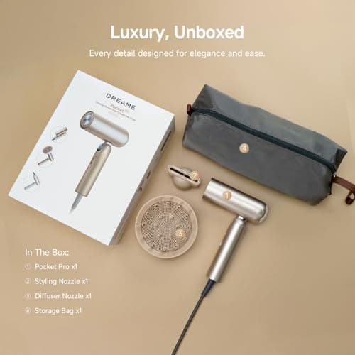 Dreame Pocket Pro Hair Dryer, Dual Voltage Travel Blow Dryer with Diffuser, 1300W Professional HighSpeed Ionic Hair Blower, Fast Drying, Low Noise, Lightweight, No Heat Damage, Global Travel 120V/240V 11