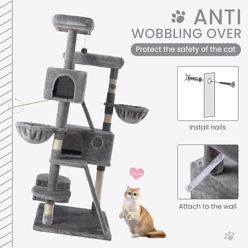 SHA CERLIN 65in Larger Cat Tree Tower Condo for Indoor Kitties/Multi-Level Furniture Activity Center with Wide Base/Cozy Plush Cat Perches/Baskets/Sisal Scratching Posts and Hammock/Grey 7