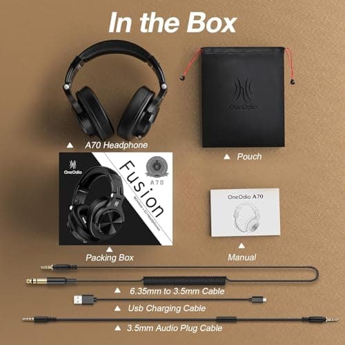 OneOdio A70 Bluetooth Over Ear Headphones, Wireless Headphones with 72H Playtime, Hi-Res, Built-in Mic, 3.5mm/6.35mm Wired Audio Jack for Studio Monitor & Mixing DJ Guitar AMP, Computer PC Gaming 8