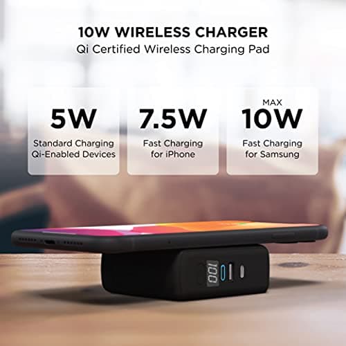 Limitless PowerPro Go 10,000mAh Power Bank 3-in-1 Wall Charger with Type-C Power Delivery, USB-A, & Qi Wireless Charging, Digital Display & Fast Charging for iPhone Android, Samsung (Black) 9