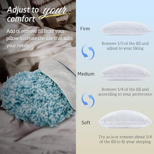 BETU Cooling Pillow Queen Size, Shredded Memory Foam Cool Pillow for Hot Sleepers, Adjustable Firm Soft Support Bed Pillows Perfect for Back Neck Pain and Side Sleeping with Pillow Case Cover, White 8