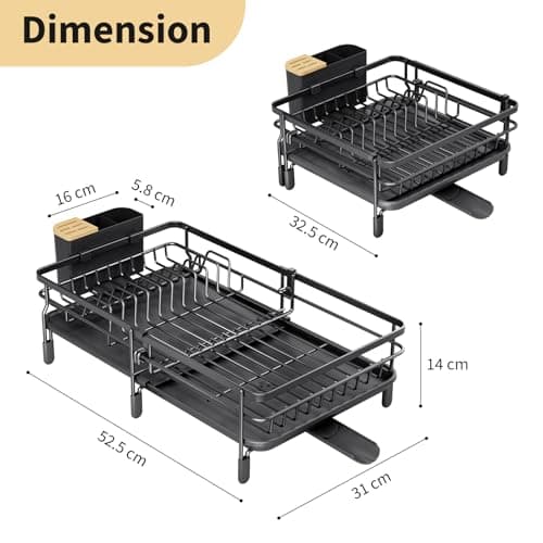 Expandable Dish Drying Rack for Kitchen Counter, Large Extendable Dish Rack with Bamboo Cover Cutlery Holder, Multifunctional Adjustable Dish Dryer Drainer 8