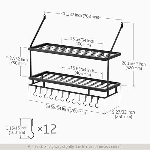 KES 30-Inch Kitchen Pot Rack - Mounted Hanging Rack for Kitchen Storage and Organization - Matte Black 2-Tier Wall Shelf with Guard Rail for Pots and Pans Organizer with 12 Hooks - KUR215S75B-BK 6