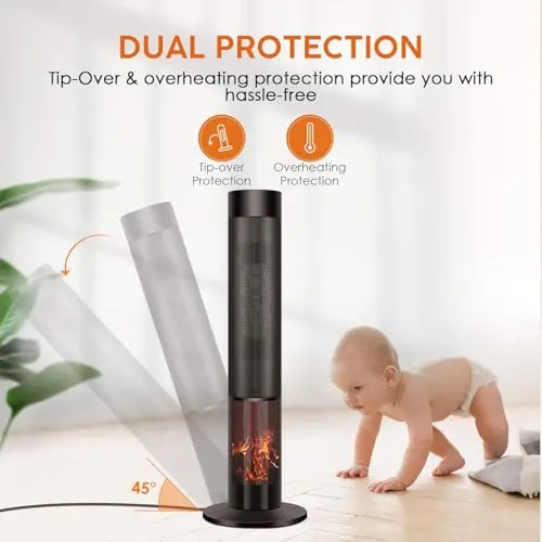 TRUSTECH 36" Space Heater for Large Room, 1500W PTC Electric Fireplace Space Heater, Adjustable Thermostat, 4 Modes,12H Timer, 60° Oscillation, Remote, Tower Heater for Indoor Use, Bedroom, Office 5