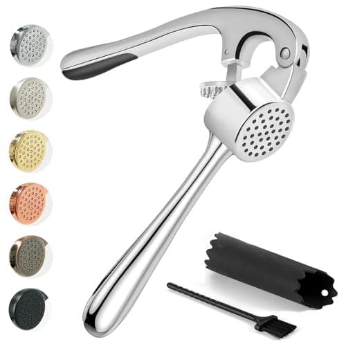 Kitessensu High Effective Premium Garlic Press Set, With Silicone Garlic Peeler & Brush, Heavy Duty Garlic Mincer, Easy to Squeeze and Clean, Rust Proof - Gloss Silver