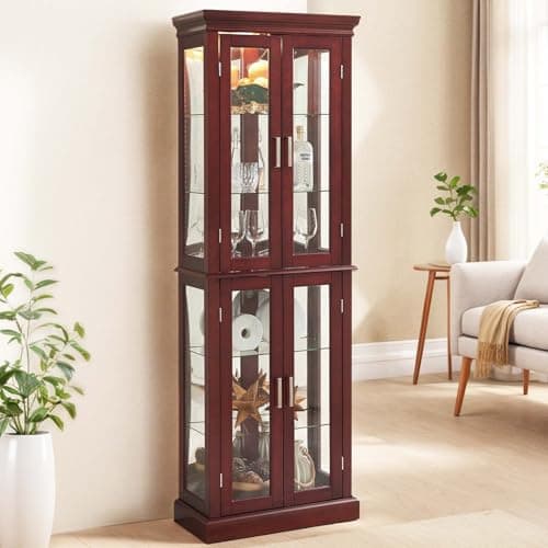 Firscook Cherry Wooden Display Cabinet with Lighted Glass Shelves, Vintage Accent Storage with 6 Adjustable Shelves, 70" Curio Cabinet