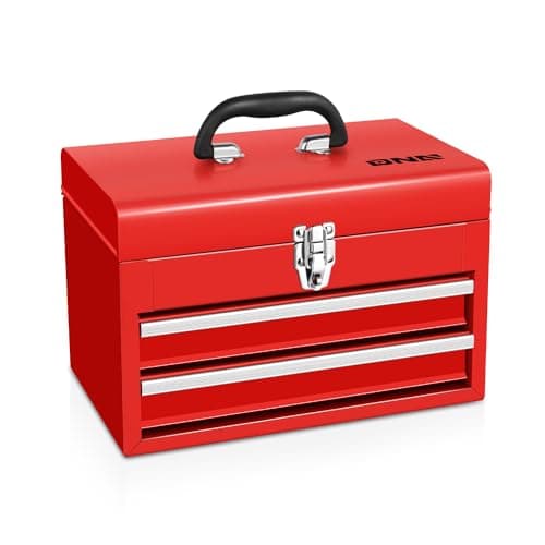 DNA MOTORING 14 Inch Steel Portable Tool Box - 2 Drawer+Top Storage Toolbox with Lockable Metal Latches for Household Workshop Repair Shop, Red, TOOLS-00406