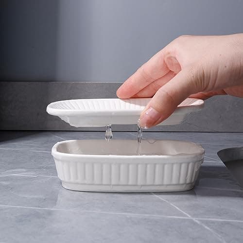 ANTIS'S HOME Ceramic Soap Dish, Self-draining Soap Holder, Double Layer Bar Soap Holder, White Draining Soap Dishes for Bathroom Shower Kitchen, Minimalist Vintage Style, Keep Soap Dry 6