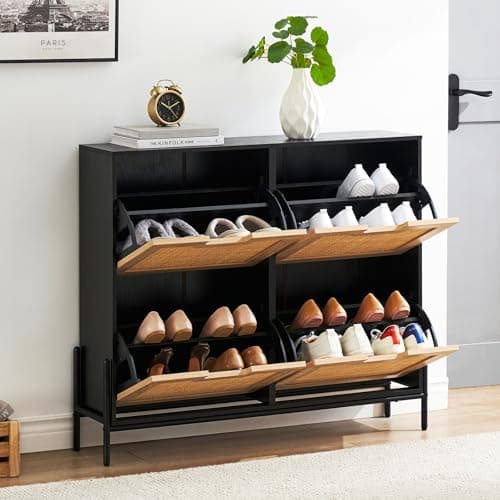 IDEALHOUSE Natural Rattan 4 Flip Door Shoe Cabinet Organizer Freestanding, Modern Shoe Rack Storage Organizer with 3-Tier Adjustable Shelves for Entryway, Closet, Hallway