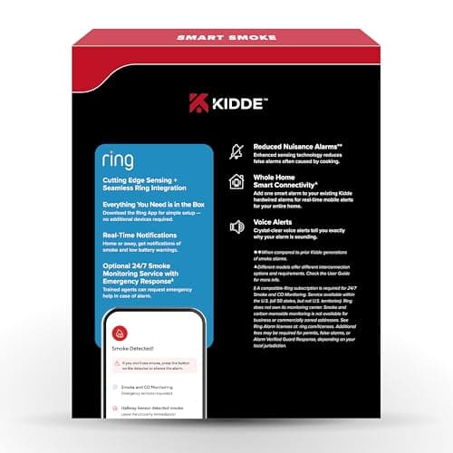 Kidde Smart Smoke Detector, Ring App Enabled for Real-Time Notifications, Hardwired Alarm, AA Backup Battery 15
