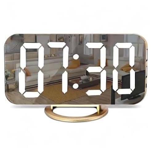 SZELAM Digital Alarm Clock,LED and Mirror Desk Clock Large Display,with Dual USB Charger Ports,3 Levels Brightness,12/24H,Modern Electronic Clock for Bedroom Home Living Room Office - Gold 9