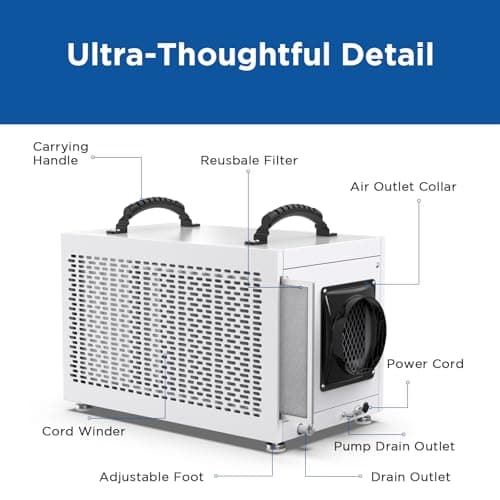 145 Pints Commercial Dehumidifier with Pump, Crawlspace Dehumidifiers with Drain Hose for Compact Tight Basements Large Spaces 8