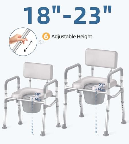 HOMLAND Bedside Commode with Padded Seat and Backrest, Aluminum Commode Toilet with Bucket, Easy Cleaning Portable Toilet for Adults and Seniors, 350 lb Capacity Enhanced Crossbar 5