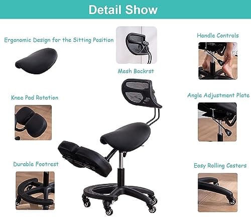TUJOBA Modern Ergonomic Saddle Seat Kneeling Chair with Backrest, 360 Degrees Swivel Mobile Angled Posture Stool for Office, Black Leather 5