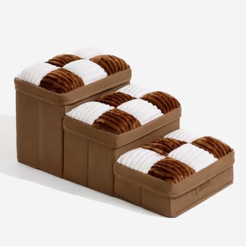 FUNNYFUZZY Dog Stairs with Storage 13“H,Foldable 3-Step Pet Steps for Small Medium Dogs with Sturdy Stylish Cover,Dog Steps for Couch Sofa and Chair,Non-Slip, Indoor,Brown