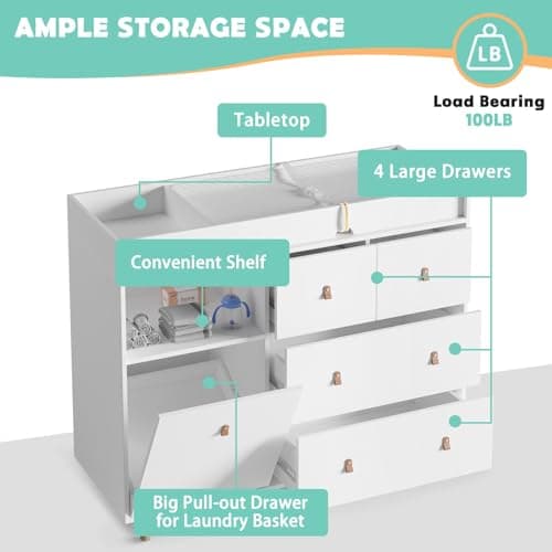 DAWNSPACES Baby Changing Table Nursery Dresser with Drawers, 45 Inch Hidden Trash Storage,Changing Station,Storage Dresser Chest for Infant, White 5