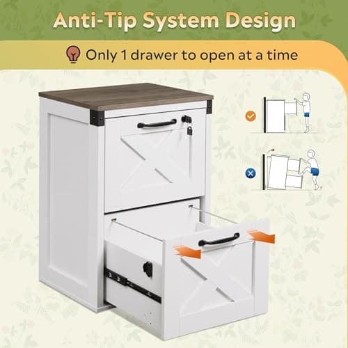 DEVAISE 2 Drawer File Cabinet with Lock, Wood Farmhouse Filing Cabinet for Home Office, Printer Stand Fits Letter and A4 Size, White 7