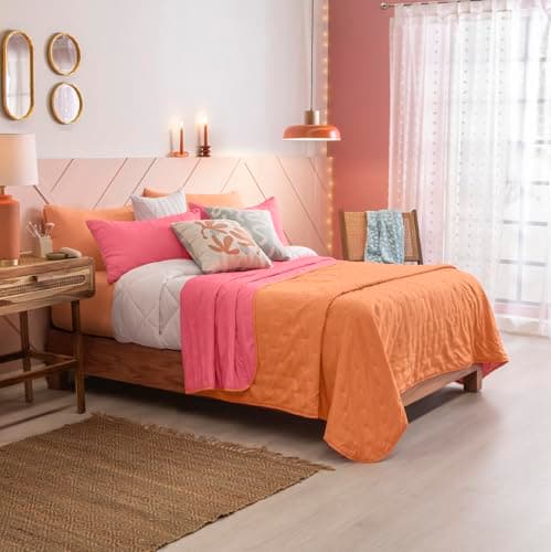 Vianney Twin Comforter, Novo Coralia Twin Size Bedding, Reversible Cozy Blankets in Coral Hot Pink and Pastel Orange, Bedroom Essentials, 71”x93”
