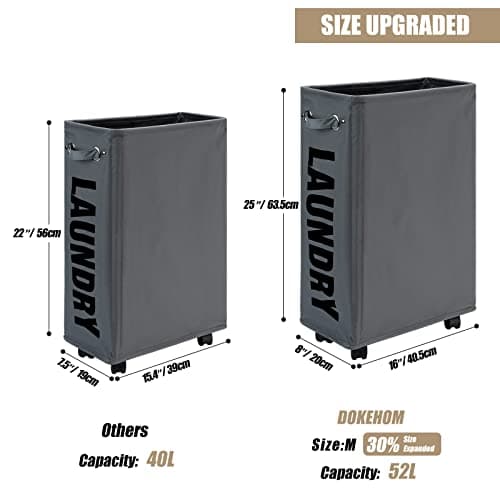 DOKEHOM 25-Inches Slim Laundry Basket on Wheels, Collapsible Rolling Laundry Hamper, Foldable Narrow Corner Clothes Storage Bins (Dark Grey) 3