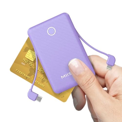 miisso 6000mah Ultra Slim Built in Cables Power Bank, Card Size Built in USB C Cords Battery Pack Portable Charger for Phones, 3 Output External Battery Pack Compatible with iPhone, Purple 5