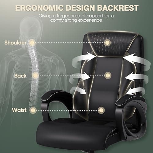 ELABEST Ergonomic Big and Tall Leather Office Chair, Comfortable Executive High Back Computer Desk Chair, Modern and Comfy With Padded Armrests, Black 7