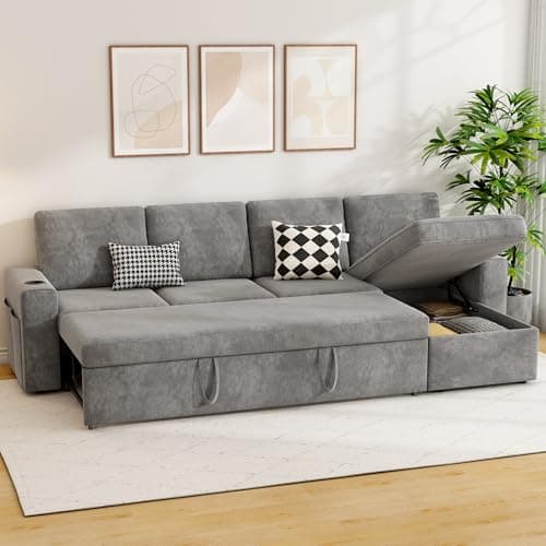 wanan 103" Sleeper Sofa, L-Shaped Sectional Sofa Bed with Storage Chaise, 4-Seater Reversible 2 in 1 Pull Out Couch with Cup Holders for Living Room, Grey 7