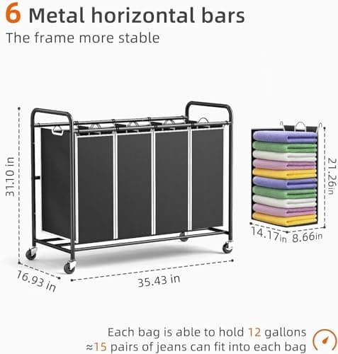 ROMOON Laundry Hamper Sorter Cart: 4-Section Organizer with Heavy-Duty Lockable Wheels and Removable Bags | 180L Rolling Laundry Basket for Dirty Clothes in Laundry Room or Small Spaces (Black) 7