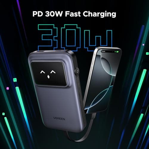 UGREEN Uno Power Bank with Built-in USB-C Cable 10,000mAh Portable Charger PD 30W Fast Charging Battery Pack with TFT Display for iPhone 16 Series/Galaxy S24/LG/Pixel/iPad/Airpods and More 2